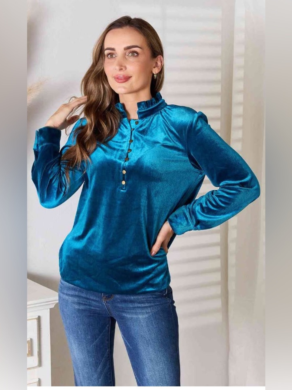 Double Take Notched Neck Buttoned Long Sleeve Blouse